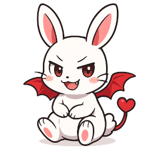白いうさぎ、赤い小さな羽とハート型のしっぽを持つ、小悪魔風のキャラクター（アニメ風）