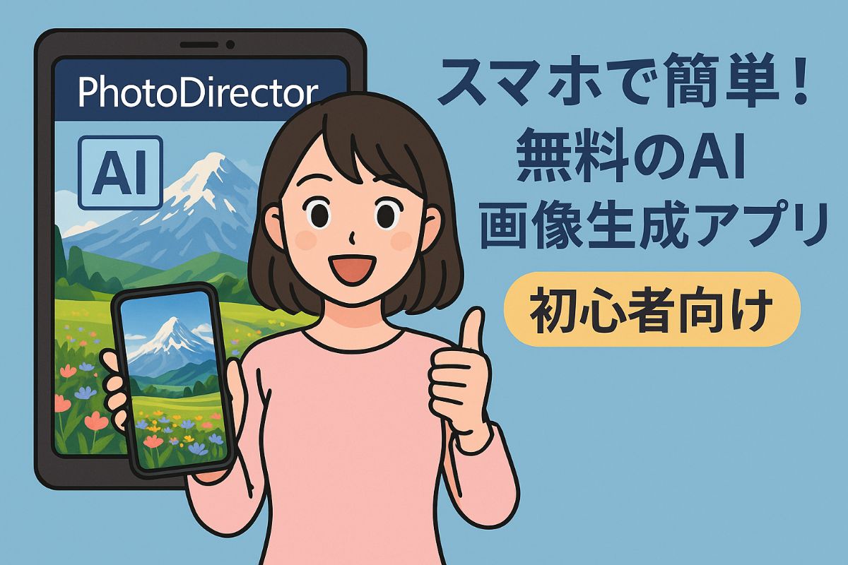 スマホで簡単に使える無料のAI画像生成アプリ「PhotoDirector」の使い方を紹介する、明るくポップなデザインのアイキャッチ画像。