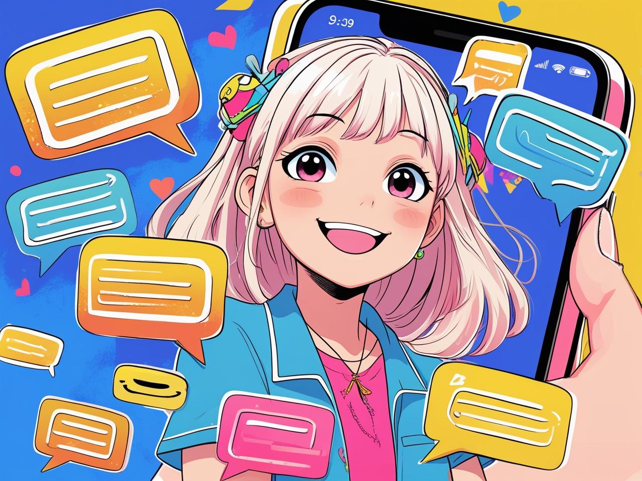 ChatGPTがLINEスタンプのセリフを自動生成している様子のイラスト。スマホ画面に吹き出しが並ぶ明るいアニメ風デザイン。