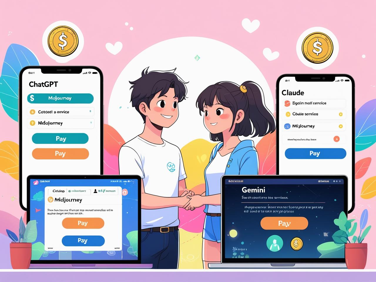 複数の生成AIサービス（ChatGPT、Midjourney、Claude、Geminiなど）を前に、どれに課金するか悩む初心者の男女が描かれた、明るいパステルカラーのアニメ風イラスト。