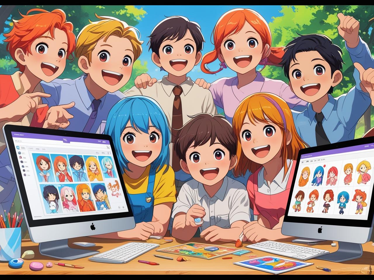 初心者や家族がAI画像生成アプリを楽しく使っている様子を描いた、カラフルで親しみやすいアニメ風イラスト